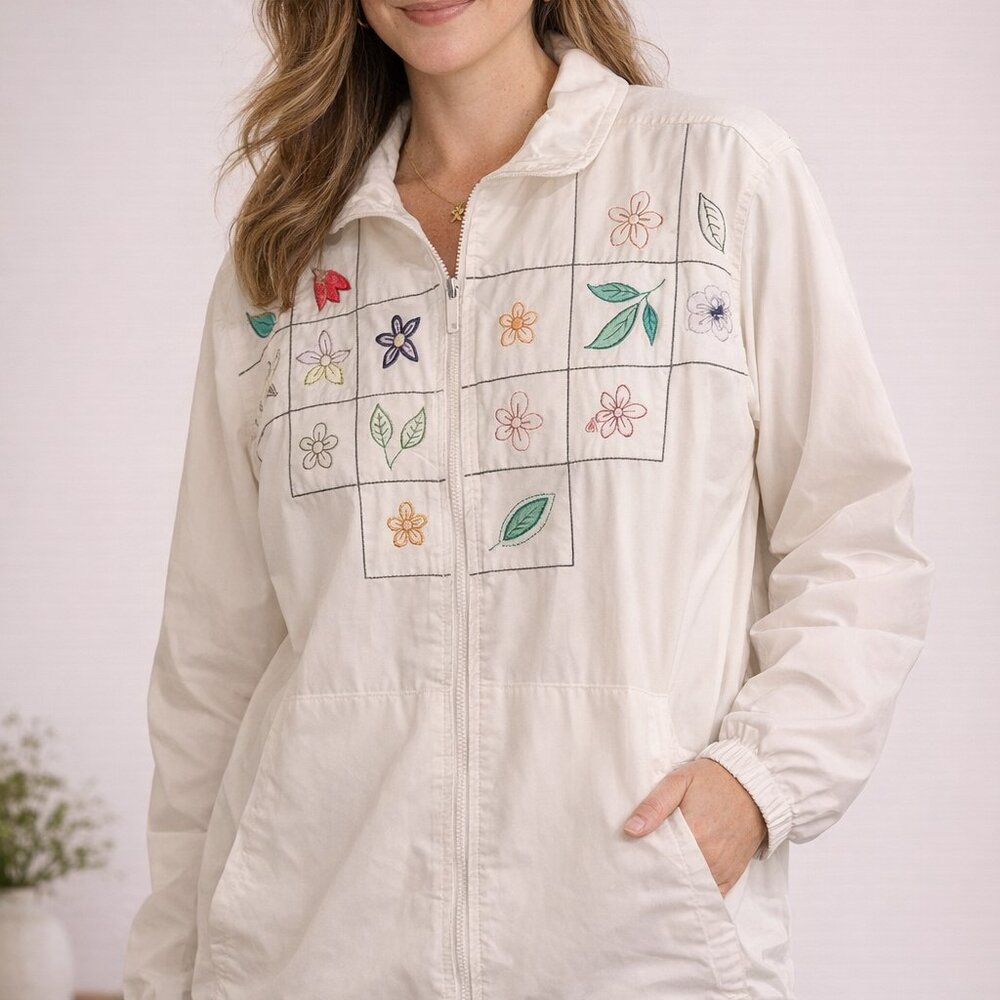 Koret Large Embroidered Zip Front Jacket Floral Botanical Ivory
